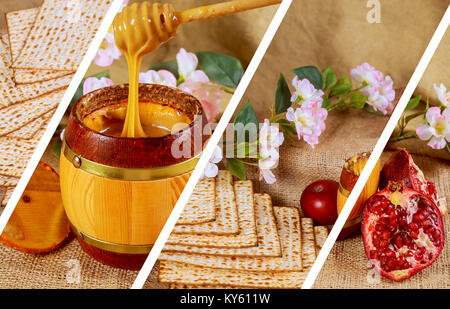 Pessach matzen Passah mit Wein und Brot Granatapfel matzoh jüdischen Pascha Foto collage Stockfoto