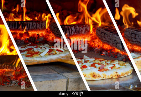 Close up Pizza im Holzofen mit Flammen hinter Photo Collage Stockfoto