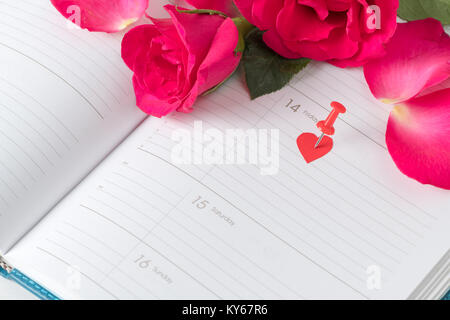 Kalender Valentines Tag rosa Pin und rote Rosen auf Kalender notebook. liebe Termin Konzept Stockfoto