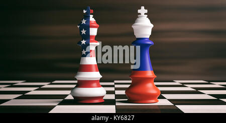 USA und Russland Zusammenarbeit Konzept, uns Amerika und Russland Flags auf Schach Könige auf einem Schachbrett, braun Holz- Hintergrund. 3D-Darstellung Stockfoto