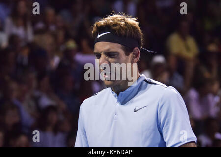 Auckland, Neuseeland. 12 Jan, 2018. Juan Martin Del Potro aus Argentinien reagiert in seinem Halbfinale gegen David Ferrer in Spanien während der ATP Männer Turnier in Auckland, Neuseeland am 12.Januar 2018. e winsover David Ferrer an den letzten Morgen voraus. Credit: Shirley Kwok/Pacific Press/Alamy leben Nachrichten Stockfoto