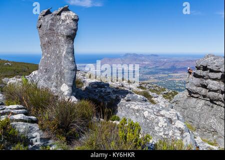 Erkunden Felsformationen auf Tafelberg im Table Mountain National Park, Western Cape, Kapstadt, Südafrika Stockfoto