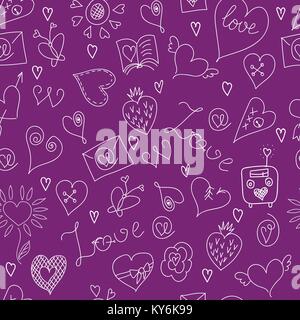 Valentines Tag. Große Symbole gesetzt. Nahtlose Muster. Symbole der Liebe. Lila Hintergrund Stock Vektor