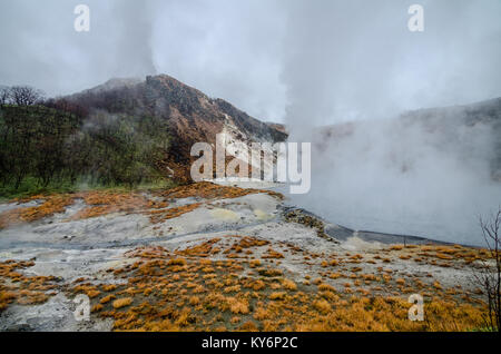 Schönen Tal der Hölle Jigokudani oder 'Tal', nur oberhalb der Stadt Noboribetsu Onsen, die heißen Dampf Öffnungen zeigt. Stockfoto