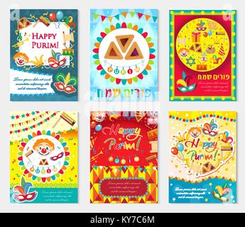 Purim Karneval ein Plakat, Einladung, Flyer. Sammlung von Vorlagen für Ihr Design mit Maske, hamantaschen, Clown, Luftballons, Grager Ratsche. Festival, jüdische Feiertag Hintergrund. Vector Illustration. Stock Vektor