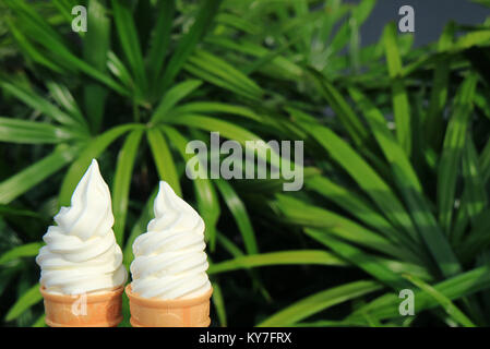 Vorderansicht von zwei Vanille Milch Softeis Kegel im Sonnenlicht, mit unscharfen grünes Laub im Hintergrund Stockfoto