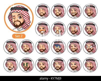 Der zweite Satz der saudi-arabischen Mann Cartoon Character Design Avatare mit verschiedenen Gesichts Emotionen und Ausdrücke, traurig, wütend, müde, sterben, Söldner, d Stock Vektor