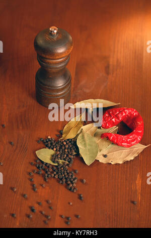 Stillleben mit verschiedenen Spice in der Nähe von Pfeffer Mühle auf Holz- Hintergrund Stockfoto