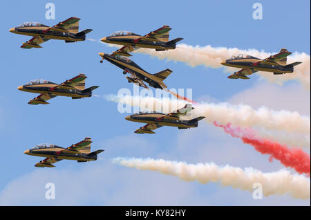 Al Fursan (Englisch: Die Ritter) ist der Kunstflug demonstration Team der Vereinigten Arabischen Emirate Air Force. Flying Aermacchi MB-339 NAT-jet Stockfoto