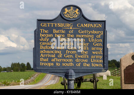 Unterschreiben Sie den Beginn der Schlacht von Gettysburg, Gettysburg National Military Park, Pennsylvania, United States Kennzeichnung. Stockfoto