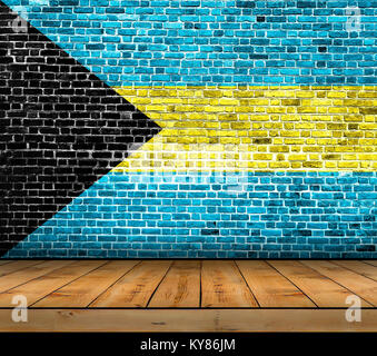 Bahamas Flagge auf ziegelmauer mit Parkettboden lackiert Stockfoto