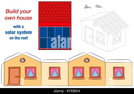 Haus Vorlage mit Solarmodul Kollektoren auf dem Dach - Photovoltaik cottage Modell - Ausschneiden, Falten und Kleben - Ausschneidebogen. Stockfoto