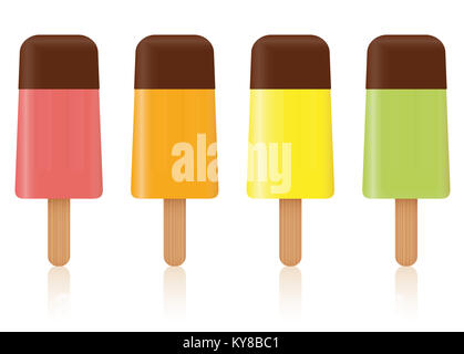 Ice Pops - farbige Fruchteis lollys mit Schokoladenüberzug Richtfest - Set von vier gefrorene Eis am Stiel - Abbildung auf weißem Hintergrund. Stockfoto