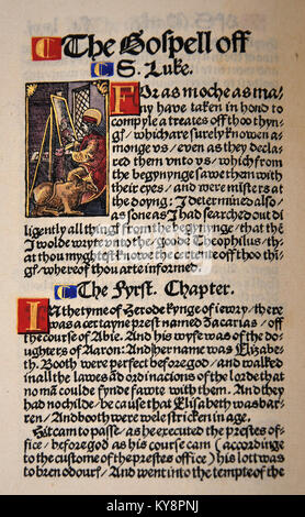 Titel Seite aus dem Buch von Jehuda in einem Faksimile von William Tyndale's 1525 Edition der englischen Neuen Testament. Aus dem Reed Seltene Bücher Sammlung in Dunedin, Neuseeland. Stockfoto