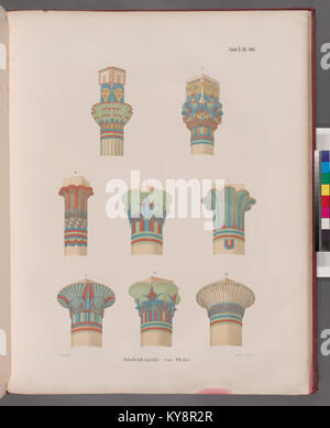 Die Süulenkapitelle aus dem Philae-Tempel in Ägypten ist ein antikes Gebäude, das der Göttin Isis gewidmet ist und beispielhaft für die ägyptische religiöse Architektur und Tempelgestaltung ist. Stockfoto