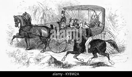 Gravur einer Junge auf einem Pferd, das ein barouche oder Wagen, während der viktorianischen Ära. Von einem ursprünglichen Gravur in der Harper Geschichte Bücher von Jacob Abbott, 1854. Stockfoto