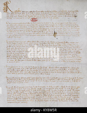 Eine Aufzeichnung aus dem französischen Nationalarchiv, die die Protokolle der Generalstände in Tours während der Regierungszeit von König Ludwig XI. Beschreibt, wie die Ereignisse und der politische Kontext des Frankreich des 15. Jahrhunderts dokumentiert werden. Stockfoto