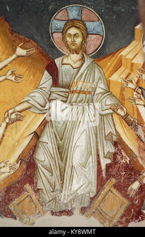 Dieses Bild zeigt religiöse Gemälde in der Kirche St. Demetrius in Markova Sušica, die kirchliche Kunst, Ikonographie und das kulturelle Erbe der Kirche hervorheben. Stockfoto