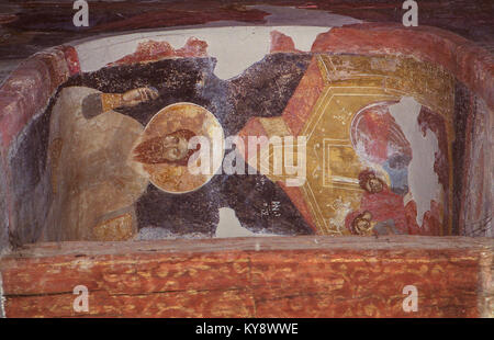 Gemälde in der St. Demetrius Kirche, Markova Susica, zeigen religiöse Kunst im byzantinischen Stil und illustrieren Ikonographie, Heilige und traditionelle Techniken. Stockfoto