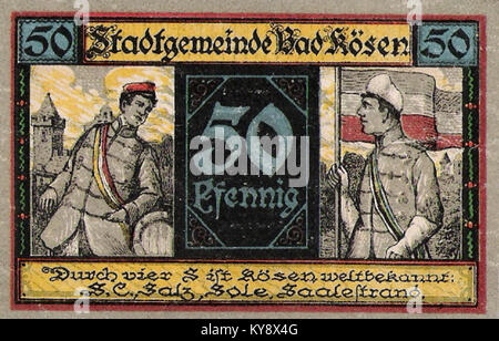 Notgeld, das 1921 in Bad Kösen ausgegeben wurde und während der Inflationszeit nach dem Ersten Weltkrieg als 10 Pfennig-Banknote gedruckt wurde und für den kommunalen Gebrauch statt für die Standardausgabe der Notenbank bestimmt ist. Stockfoto