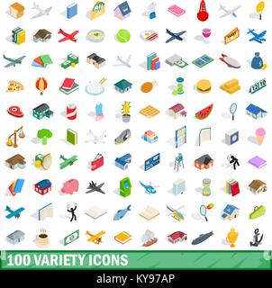 100 verschiedene Symbole in isometrischer 3D-Stil, der für jedes Design vector Abbildung Stock Vektor