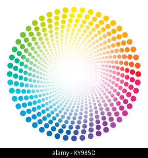 Spirale dots Rohr Muster - Rainbow farbige twisted Kreis Abbildung mit Weiß glänzend glühende Zentrum. Stockfoto