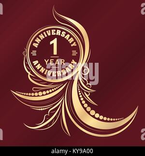 Vintage Jubiläum 1 Jahre ungewöhnliche Runde floral Emblem. Im Retrostil vector Hintergrund in Goldtönen auf dunklen roten Hintergrund. Stock Vektor