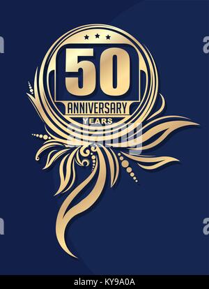 Vintage Jubiläum 50 Jahre ungewöhnliche Runde floral Emblem. Im Retrostil vector Hintergrund in Goldtönen auf dunkelblauem Hintergrund. Stock Vektor