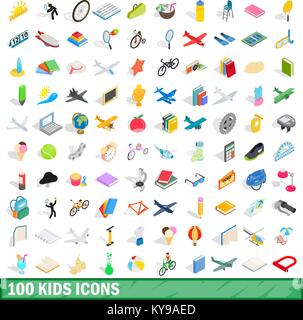 100 Kinder Symbole in isometrischer 3D-Stil, der für jedes Design vector Abbildung Stock Vektor