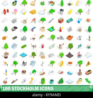 100 Stockholm Symbole in isometrischer 3D-Stil, der für jedes Design vector Abbildung Stock Vektor