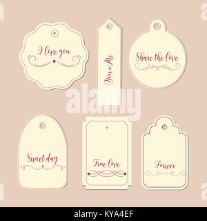 Hand gezeichneten Etiketten und Tags. Elemente Sammlung für Valentinstag. Die wichtigsten Symbole der Urlaub. Vektor Logos, Embleme, text Design. Geeignet für Banner, Grußkarten, Geschenke etc. Stock Vektor