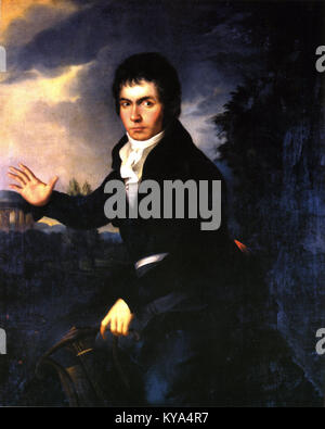 Ein Kunstwerk von Thayer, eine Kopie des berühmten Porträts von Ludwig van Beethoven von Joseph Willibrord Mühler. Dieses Bild zeigt den ikonischen Komponisten in einer klassischen Darstellung. Stockfoto