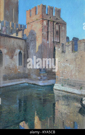 Dieses Aquarell von Adolf Hirémy-Hirschl zeigt das Schloss Sirmione am Gardasee und hebt architektonische Besonderheiten und die umliegende Landschaft hervor. Stockfoto