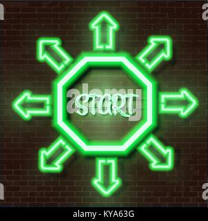 Grün leuchtende neon Schild auf ziegelmauer mit START Text und Pfeile in alle Richtungen Stock Vektor