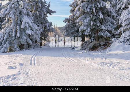 Straße in den Bergen im Winter im sonnigen Tag mit zwei Langläufer. Bäume mit Raureif von der Sonne beleuchtet. Präparierte Loipen für cr Stockfoto