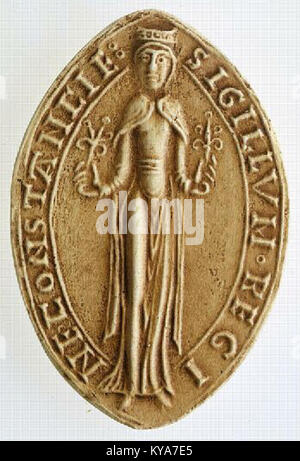 Der Abguss der Siegelmatrix von Konstanz von Kastilien, Königin von Frankreich, der im Archives Nationales aufbewahrt wurde, repräsentiert das königliche Erbe, die europäische Monarchie aus dem 14. Jahrhundert und historische Artefakte. Stockfoto