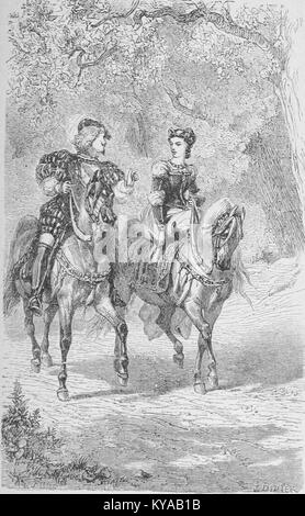 Eine Seite aus „Nouveaux contes de fées“ von Ségur präsentiert Kindermärchen, die französische Literatur des 19. Jahrhunderts und moralische Erzählungen illustrieren. Stockfoto