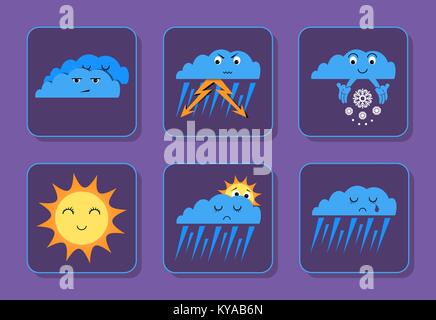 Wetter Emoji Icons Set - sonnig, bewölkt, Regen, Gewitter und Schnee traurig und glücklich Symbole Stock Vektor