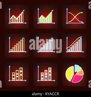 Satz von neun Grafiken Symbol Abbildungen in leuchtenden Neon für Business oder Statistiken Stock Vektor