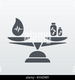 Konzept der hohe Blutdruck und Drogen - Blutstropfen und Pille Flaschen auf Skalen, Flachbild-Symbol Stock Vektor