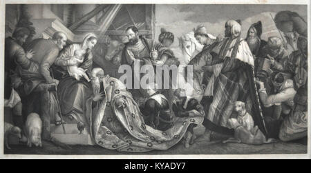 Steifensands Gemälde „die Anbetung der Könige“ zeigt die biblische Szene der drei Könige, die den neugeborenen Christus verehren und die europäische religiöse Kunst des 19. Jahrhunderts widerspiegeln. Stockfoto