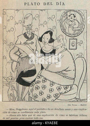 Diese Illustration aus Buen Humor vom 11. Dezember 1921 zeigt den „Plato del día“ von Tovar, der spanische satirische Kunst und Publikationsstil des frühen 20. Jahrhunderts zeigt. Stockfoto