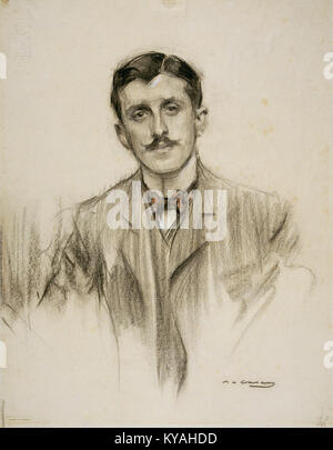 Gemälde von Ramon Casas mit dem spanischen Dramatiker Joaquín Álvarez Quintero, das Porträtmerkmale, künstlerischen Stil und die spanische Kultur des frühen 20. Jahrhunderts hervorhebt. Stockfoto