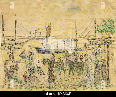 „The Shore“ ist ein Gemälde von Maurice Prendergast, das eine ruhige Küstenszene mit lebhaften Farben, impressionistischen Pinselarbeiten und atmosphärischer Perspektive darstellt, die amerikanische Kunst des späten 19. Bis frühen 20. Jahrhunderts widerspiegelt. Stockfoto