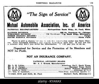 Das Cover des Magazins der Mutual Automobile Association 1920 beleuchtet die Automobilkultur des frühen 20. Jahrhunderts und fördert den Autobesitz und die Automobilindustrie. Stockfoto