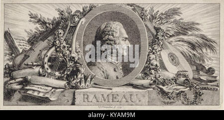 Ein Kupferstich des Komponisten Jean-Philippe Rameau des französischen Künstlers Louis Joseph Masquelier, der den Komponisten mit musikalischen Elementen darstellt. Stockfoto