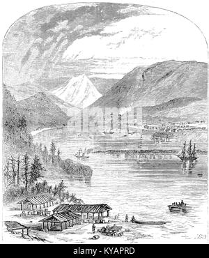 Ein Foto von Petropavlovsk, einer Stadt in Kamtschatka, Russland, mit dem Berg Avacha im Hintergrund. Das Bild zeigt die natürliche Landschaft und die geografischen Merkmale der Region. Stockfoto