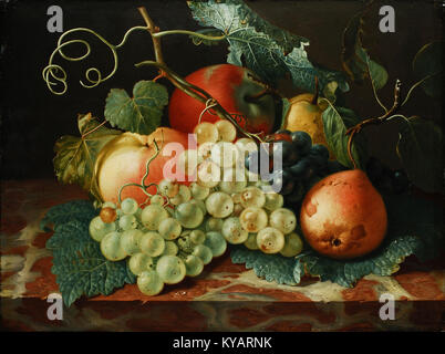 Ölgemälde von Johann Amandus Winck, die ein Stillleben aus Äpfeln, Birnen und Trauben auf einer Marmorplatte darstellt und sein Können in der Stilllebenskomposition unter Beweis stellt. Stockfoto
