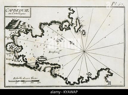 Diese Karte von Joseph Roux aus dem Jahr 1804 zeigt die Bucht und den Hafen von Cadaqués an der nördlichen Costa Brava und zeigt die Küstengeographie und das städtische Layout. Stockfoto