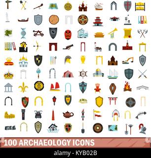 100 Archäologie Symbole in Flacher Stil für jede Design vector Abbildung Stock Vektor